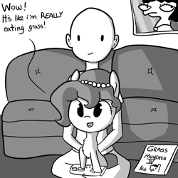 Size: 1280x1280 | Tagged: safe, artist:tjpones, oc, oc only, oc:brownie bun, oc:richard, earth pony, human, pony, horse wife, dialogue, grass muncher iv, grayscale, monochrome, sitting, sitting on lap, video game