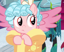 Size: 640x516 | Tagged: safe, screencap, cozy glow, lord tirek, queen chrysalis, alicorn, centaur, changeling, changeling queen, the ending of the end, alicornified, animated, clothes, cozy glow is not amused, cozybetes, cozycorn, cropped, cute, female, filly, flying, former queen chrysalis, freckles, gif, horn, legion of doom, race swap, robe, shaking, shivering, solo focus, spread wings, ultimate chrysalis, unamused, wings