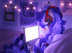 Size: 2048x1518 | Tagged: safe, artist:whiteliar, derpibooru import, oc, oc:cinnabyte, earth pony, pony, bed, clothes, computer, headphones, laptop computer, socks, solo