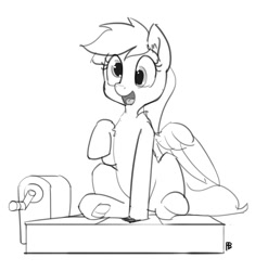 Size: 1280x1293 | Tagged: safe, artist:pabbley, derpy hooves, pegasus, pony, viva las pegasus, dance dance revolution, dialogue, female, mare, monochrome, open mouth, rhythm game, smiling, solo