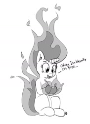 Size: 1280x1757 | Tagged: safe, artist:pabbley, twilight sparkle, dialogue, looking down, mane of fire, monochrome, open mouth, rapidash twilight, simple background, sitting, smiling, solo, this is fine