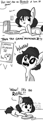 Size: 1080x3048 | Tagged: safe, artist:tjpones, oc, oc only, earth pony, pony, horse wife, chest fluff, comic, controller, dialogue, ear fluff, female, game, grass muncher iv, grayscale, jenga, mare, monochrome, offscreen character, simple background, solo, starry eyes, the simpsons, video game, white background, wingding eyes