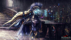 Size: 3363x1892 | Tagged: safe, artist:metadragonart, oc, oc only, city, cyberpunk, rain, royal guard, science fiction, solo