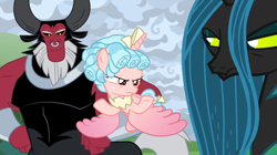 Size: 852x476 | Tagged: safe, screencap, cozy glow, lord tirek, queen chrysalis, alicorn, centaur, changeling, changeling queen, pony, the ending of the end, alicornified, annoyed, bow, cozycorn, female, filly, flying, former queen chrysalis, hair bow, legion of doom, looking at someone, male, nose piercing, nose ring, piercing, race swap, smiling, trio, ultimate chrysalis