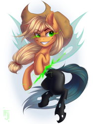 Size: 1200x1600 | Tagged: safe, artist:falafeljake, derpibooru import, applejack, queen chrysalis, changeling, changeling queen, earth pony, pony, disguise, disguised changeling, fake applejack, grin, simple background, smiling, white background