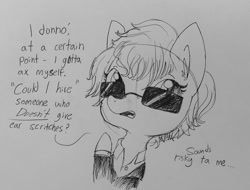 Size: 1169x887 | Tagged: safe, artist:tjpones, oc, oc only, oc:holly wood, earth pony, pony, clothes, dialogue, ear fluff, ear scratch, grayscale, monochrome, raised hoof, solo, suit, sunglasses