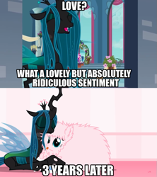 Size: 681x767 | Tagged: safe, artist:mixermike622, edit, edited screencap, screencap, queen chrysalis, oc, oc:fluffle puff, changeling, changeling queen, pony, a canterlot wedding, a better ending for chrysalis, adorkable, alternate scenario, alternate timeline, alternate universe, canon x oc, caption, character development, chrysipuff, comic, cuddling, cute, cutealis, dialogue, dork, dorkalis, everything went better than expected, evil, eyes closed, fangs, female, good, good end, happy, hug, image macro, irony, laughing, lesbian, love, mare, mind blown, redemption, reformed, shipping, silly, silly pony, sitting, smiling, snuggling, subversion, sweet dreams fuel, talking, teeth, text, tumblr:ask fluffle puff, what if, wings