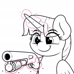 Size: 2048x2048 | Tagged: safe, artist:ljdamz1119, twilight sparkle, twilight sparkle (alicorn), alicorn, pony, female, gun, magic, mare, shotgun, smiling, telekinesis, vibe check, weapon