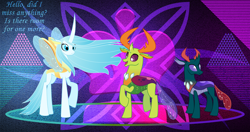 Size: 4096x2160 | Tagged: safe, artist:dashiesparkle, artist:hendro107, artist:laszlvfx, artist:orin331, edit, pharynx, queen chrysalis, thorax, changedling, changeling, changeling queen, a better ending for chrysalis, changedling brothers, dialogue, female, king thorax, male, open mouth, prince pharynx, purified chrysalis, reformed, wallpaper, wallpaper edit