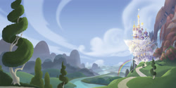 Size: 3264x1632 | Tagged: safe, my little pony: the movie, the art of my little pony: the movie, canterlot, canterlot castle, castle, cloud, mountain, no pony, rainbow, river, scenery, tree