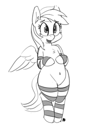 Size: 1280x1775 | Tagged: safe, artist:pabbley, rainbow dash, pegasus, pony, belly button, bipedal, chest fluff, clothes, cute, dashabetes, monochrome, open mouth, socks, solo, striped socks