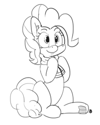 Size: 1280x1594 | Tagged: safe, artist:pabbley, pinkie pie, earth pony, pony, clothes, cute, diapinkes, monochrome, scarf, sitting, solo, underhoof