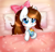 Size: 2091x2000 | Tagged: safe, artist:mrsremi, rainbow dash, oc, oc:akira, pegasus, pony, bed, blanket, blushing, bow, cute, heart, hoof hold, on back, pillow, plushie, shiny, smiling