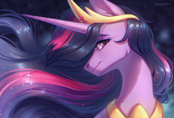 Size: 2800x1900 | Tagged: safe, artist:fenwaru, princess twilight 2.0, twilight sparkle, twilight sparkle (alicorn), alicorn, pony, the last problem, chromatic aberration, crown, ear fluff, female, flowing mane, high res, horn, jewelry, long horn, long mane, looking at you, majestic, mare, older, older twilight, peytral, regalia, smiling, solo