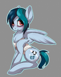 Size: 2805x3515 | Tagged: safe, artist:lux-arume, derpibooru import, oc, oc:delta vee, pegasus, pony, blushing, chest fluff, clothes, ear fluff, eye clipping through hair, female, gray background, high res, leg fluff, mare, milf, simple background, sitting, solo