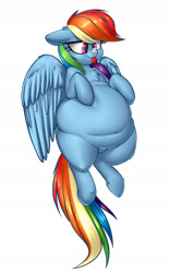 Size: 1200x1920 | Tagged: safe, artist:elzzombie, artist:yoditax, rainbow dash, pegasus, pony, belly, belly button, big belly, chest fluff, chubby, ear fluff, fat, food, leg fluff, rainblob dash, simple background, solo, tongue out, treat on nose, tubby wubby pony waifu, whipped cream, white background, wing fluff