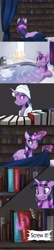 Size: 1280x5936 | Tagged: safe, artist:silfoe, twilight sparkle, pony, unicorn, alternate universe, bath, bathing, bed, book, candlestick, comic, female, magic, mare, moonsetmlp, onomatopoeia, telekinesis, towel, towel on head