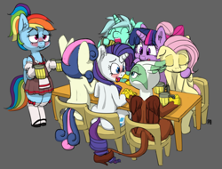 Size: 1280x973 | Tagged: safe, artist:pabbley, bon bon, fluttershy, greta, lyra heartstrings, rainbow dash, rarity, sweetie drops, twilight sparkle, twilight sparkle (alicorn), alicorn, griffon, pegasus, pony, unicorn, 24 hour challenge, alcohol, beer, beer stein, bipedal, blushing, clothes, dirndl, dress, embarrassed, female, gretarity, lesbian, oktoberfest, shipping, twishy