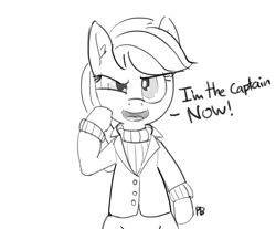 Size: 1280x1059 | Tagged: safe, artist:pabbley, applejack, earth pony, pony, ppov, captain jackbeard, captain phillips, dialogue, meme, monochrome, solo