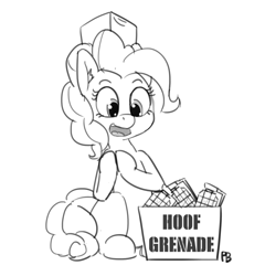 Size: 1280x1333 | Tagged: safe, artist:pabbley, pinkie pie, earth pony, pony, grenade, monochrome, run for your lives, sitting, solo, the three stooges, this will end in death, this will end in explosions, this will end in tears and/or death, weapon