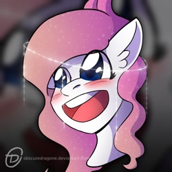 Size: 1024x1024 | Tagged: safe, artist:obscuredragone, oc, oc only, oc:reformed windigo, pony, unicorn, windigo, big eyes, blushing, commission, cute, ear fluff, female, halo, happy, mare, open mouth, pink hair, pink mane, reformed, smiley face, solo, windigo oc, ych result