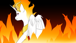 Size: 1920x1080 | Tagged: safe, artist:angelscribs, derpibooru import, nightmare star, alicorn, pony, crown, female, fire, horns, jewelry, mare, regalia, solo