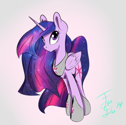 Size: 1306x1297 | Tagged: safe, artist:farewelldecency, princess twilight 2.0, twilight sparkle, twilight sparkle (alicorn), alicorn, pony, twilight's kingdom, ethereal mane, female, galaxy mane, gray background, hilarious in hindsight, hoof shoes, jewelry, looking up, mare, older, peytral, regalia, simple background, solo, sparkles, ultimate twilight, windswept mane