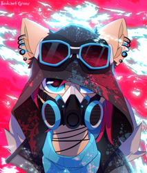 Size: 1000x1172 | Tagged: safe, artist:redchetgreen, derpibooru import, part of a set, oc, oc only, oc:oculus rift, pegasus, pony, blot, clothes, goggles, hoodie, jewelry, mask, necklace, paint, paint splatter, piercing, solo