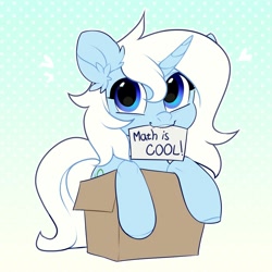 Size: 2000x2000 | Tagged: safe, artist:vensual99, oc, oc only, oc:eula phi, pony, unicorn, abstract background, box, cute, heart, mouth hold, pony in a box, solo, unpopular opinion