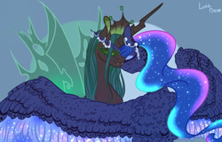 Size: 1400x895 | Tagged: safe, artist:luna dave, princess luna, queen chrysalis, alicorn, changedling, changeling, changeling queen, pony, a better ending for chrysalis, chrysaluna, colored wings, female, horn, horn jewelry, jewelry, lesbian, realistic wings, shipping, spotted, wing fluff, wings