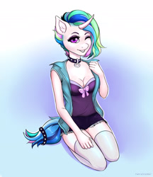 Size: 2000x2311 | Tagged: safe, artist:furrycrystal, derpibooru import, princess celestia, alicorn, anthro, alternate hairstyle, black eyeshadow, black lipstick, breasts, choker, cleavage, clothes, ear piercing, eyeliner, eyeshadow, female, gradient background, kneeling, lipstick, makeup, one eye closed, piercing, princess breastia, punklestia, smiling, socks, solo, thigh highs, wink, ych result