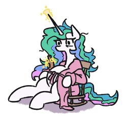 Size: 497x464 | Tagged: safe, artist:jargon scott, derpibooru import, princess celestia, alicorn, pony, bathrobe, beer bottle, chair, clothes, depressed, depressedia, food baby, former princess celestia, hand, magic, magic hands, messy mane, retirement, robe, simple background, sitting, solo, telekinesis, white background