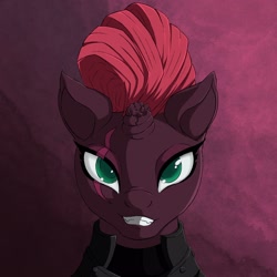 Size: 2048x2048 | Tagged: safe, artist:taiggerrock, derpibooru import, tempest shadow, pony, unicorn, armor, broken horn, digital art, female, glare, grin, horn, looking at you, mare, scar, scared, shadow, simple background, smiling, smug, solo