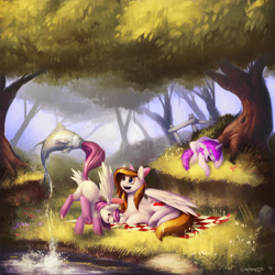 Size: 1250x1250 | Tagged: safe, artist:eosphorite, oc, oc only, oc:akira, oc:star myst, alicorn, fish, pegasus, pony, unicorn, :q, alicorn oc, balancing, biting, bucking, colt, cute, eyes closed, female, fishing, forest, grass, laughing, licking, licking lips, looking back, male, mare, nature, open mouth, picnic, plot, prone, raised leg, salmon, scenery, smiling, tail bite, tail fishing, tongue out, tree, underhoof, wat, water