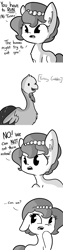 Size: 792x3168 | Tagged: safe, artist:tjpones, oc, oc only, oc:brownie bun, oc:gobbles, earth pony, pony, horse wife, comic, contemplating insanity, descriptive noise, dialogue, ear fluff, floppy ears, fluffy, frown, glare, grayscale, meme, monochrome, open mouth, raised eyebrow, raised hoof, simple background, smiling, turkey, white background