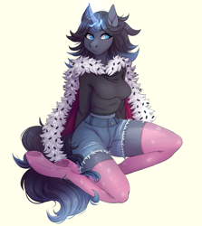 Size: 2233x2499 | Tagged: safe, artist:1an1, derpibooru import, oc, oc only, oc:princess star, anthro, umbrum, unguligrade anthro, unicorn, breasts, cape, clothes, denim shorts, female, glowing horn, horn, mare, offspring, parent:king sombra, socks, solo, sweater