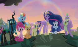 Size: 1384x838 | Tagged: safe, edit, edited screencap, screencap, applejack, fluttershy, pinkie pie, princess twilight 2.0, queen chrysalis, rainbow dash, rarity, spike, twilight sparkle, twilight sparkle (alicorn), alicorn, changeling, changeling queen, dragon, earth pony, pegasus, pony, unicorn, the last problem, a better ending for chrysalis, adorkable, alternate ending, alternate hairstyle, alternate scenario, alternate universe, awkward smile, cropped, crown, cute, cutealis, dork, dorkalis, end of ponies, excited, faic, female, former queen chrysalis, gigachad spike, giggling, good end, grin, happy, immature, irrational exuberance, jewelry, mane seven, mane six, mare, older, older applejack, older fluttershy, older mane seven, older mane six, older pinkie pie, older rainbow dash, older rarity, older spike, older twilight, redemption, reformed, regalia, silly, smiling, spead wings, spread wings, squee, standing, sunset, sweet apple acres barn, sweet dreams fuel, teeth, the end, vector, vector edit, what if, when she smiles, winged spike, wings