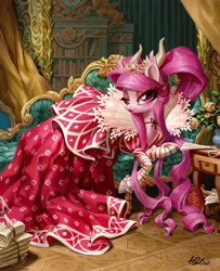 Size: 1791x2205 | Tagged: safe, artist:holivi, derpibooru import, oc, oc only, original species, pony, bust, clothes, commission, costume porn, digital painting, dress, fainting couch, female, furniture, gown, horns, indoors, jewelry, lidded eyes, long mane, looking at you, lounging, luxury, lying down, makeup, mare, portrait, smiling, sofa, solo, tiara