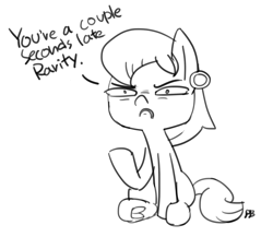 Size: 1280x1113 | Tagged: safe, artist:pabbley, prim hemline, black and white, dialogue, frown, grayscale, monochrome, nose wrinkle, simple background, sitting, sneer, solo, underhoof, white background