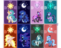 Size: 2068x1644 | Tagged: safe, artist:kayotanv87, daybreaker, nightmare moon, princess cadance, princess celestia, princess luna, queen chrysalis, trixie, twilight sparkle, twilight sparkle (alicorn), alicorn, changedling, changeling, changeling queen, pony, alicorn amulet, alicornified, alternate hairstyle, armor, card, changedlingified, changelingified, corrupted twilight sparkle, cutie mark, dark magic, ethereal mane, evil cadance, evil celestia, evil luna, female, helmet, jewelry, magic, mare, ponified, purified chrysalis, race swap, reformed, regalia, role reversal, royal sisters, sombra eyes, species swap, starry mane, trixiecorn, twivine sparkle, warrior, warrior celestia, warrior luna