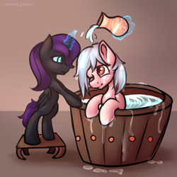 Size: 3000x3000 | Tagged: safe, artist:cornelia_nelson, cozy glow, oc, oc:nyx, alicorn, pegasus, pony, a better ending for cozy, bath, cozybetes, cozylove, cute, duo, nyxabetes, sketch, smiling, wet mane