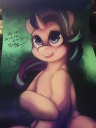Size: 1536x2048 | Tagged: safe, artist:hobbes-maxwell, derpibooru import, starlight glimmer, pony, unicorn, anatomically incorrect, autograph, cute, female, glimmerbetes, human shoulders, kelly sheridan, mare, photo, sitting, solo