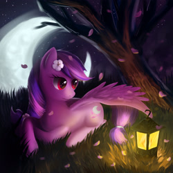 Size: 3543x3543 | Tagged: safe, artist:seer45, oc, oc only, oc:moonlight blossom, pegasus, pony, crescent moon, flower, flower in hair, grass, lantern, moon, solo, transparent moon, tree