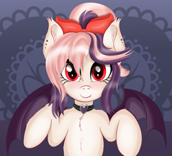 Size: 4426x4025 | Tagged: safe, artist:sethisto, derpibooru import, oc, oc only, oc:sweet velvet, bat pony, pony, bat pony oc, chest fluff, choker, cute, heart, looking at you, multicolored hair, ocbetes, red eyes, solo