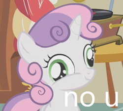 Size: 353x317 | Tagged: safe, edit, screencap, sweetie belle, derp, looking at you, no u, reaction image, smiling, solo, text edit