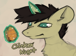 Size: 1306x961 | Tagged: safe, artist:marsminer, oc, oc only, oc:keith, pony, unicorn, cheemsburbger, chicken meat, chicken nugget, doge, food, glowing horn, horn, magic, male, meat, solo, stallion, telekinesis