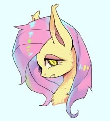 Size: 1138x1259 | Tagged: safe, artist:hosikawa, derpibooru import, fluttershy, bat pony, pony, bat ponified, bust, chest fluff, fangs, female, flutterbat, looking at you, mare, portrait, race swap, simple background, slit eyes, solo, three quarter view, white background
