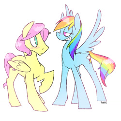 Size: 1280x1280 | Tagged: safe, artist:kilo, butterscotch, fluttershy, rainbow dash, pegasus, pony, blushing, butterdash, female, grin, half r63 shipping, height difference, male, rule 63, shipping, straight, tall