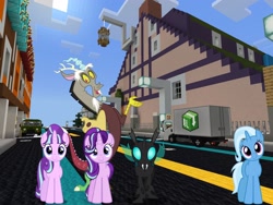 Size: 2048x1536 | Tagged: safe, artist:dashiesparkle, artist:xebck, edit, editor:topsangtheman, discord, starlight glimmer, thorax, trixie, changeling, draconequus, pony, unicorn, season 6, house, looking at you, minecraft, reformed, reformed four, s5 starlight, self ponidox, truck