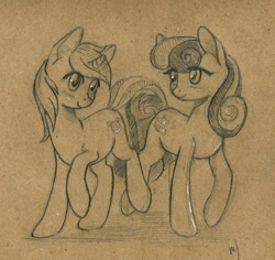 Size: 1000x944 | Tagged: safe, artist:maytee, derpibooru import, bon bon, lyra heartstrings, sweetie drops, earth pony, pony, unicorn, duo, female, looking at each other, mare, partial color, pencil drawing, toned paper, traditional art